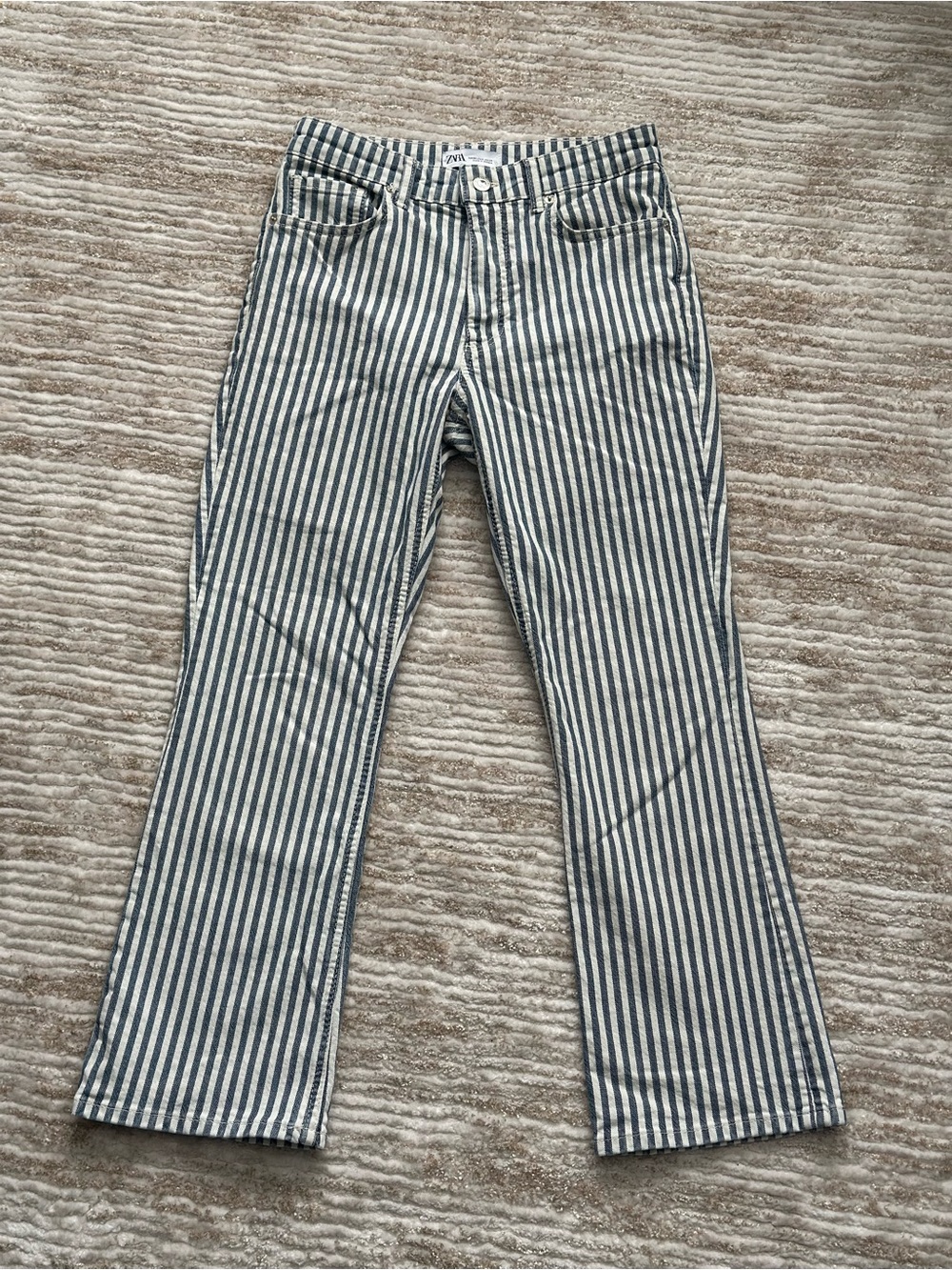 Zara Blue and White Striped Cropped Wide-Leg Flare Jeans